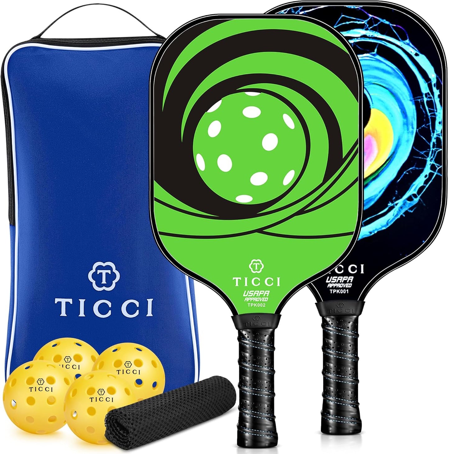 TICCI Pickleball Paddles, USAPA Approved Pickleball Paddles Set of 2, Lightweight Fiberglass Surface Pickleball Set, 4 Pickleballs, 1 Carry Bag & Mesh Bag, Pickle Ball Paddle Gifts for Men Women