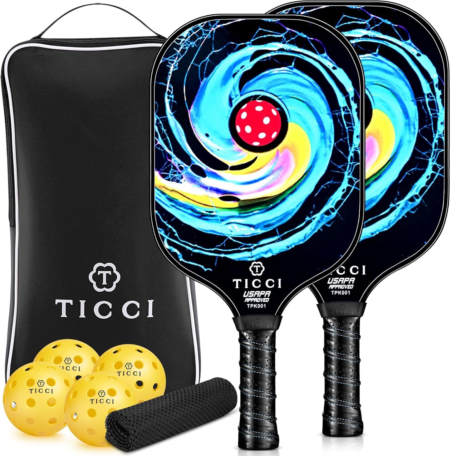 TICCI Pickleball Paddles, USAPA Approved Pickleball Paddles Set of 2, Lightweight Fiberglass Surface Pickleball Set, 4 Pickleballs, 1 Carry Bag & Mesh Bag, Pickle Ball Paddle Gifts for Men Women