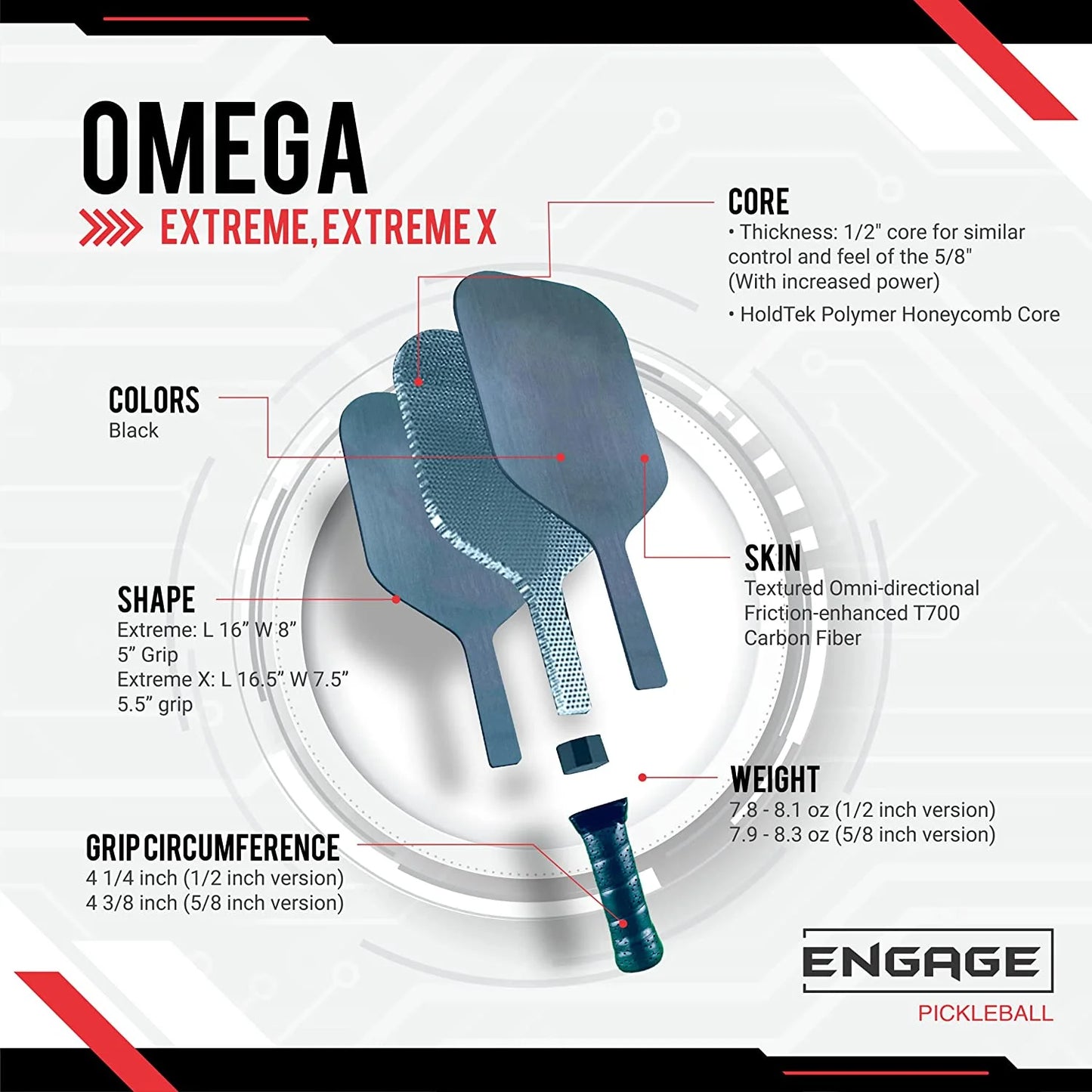 Omega Evolution Extreme X Pickleball Paddle - Pickleball Paddles with Thick Polymer Core - USAPA Approved Pickleball Paddles - Elongated (Black Grey)