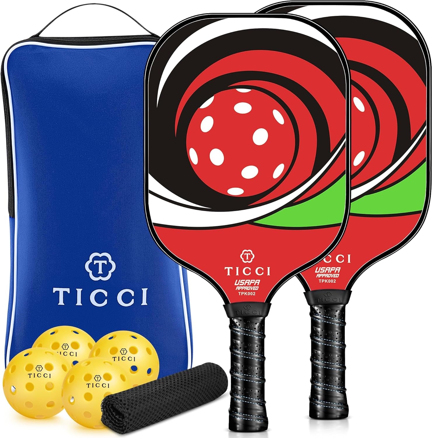 TICCI Pickleball Paddles, USAPA Approved Pickleball Paddles Set of 2, Lightweight Fiberglass Surface Pickleball Set, 4 Pickleballs, 1 Carry Bag & Mesh Bag, Pickle Ball Paddle Gifts for Men Women