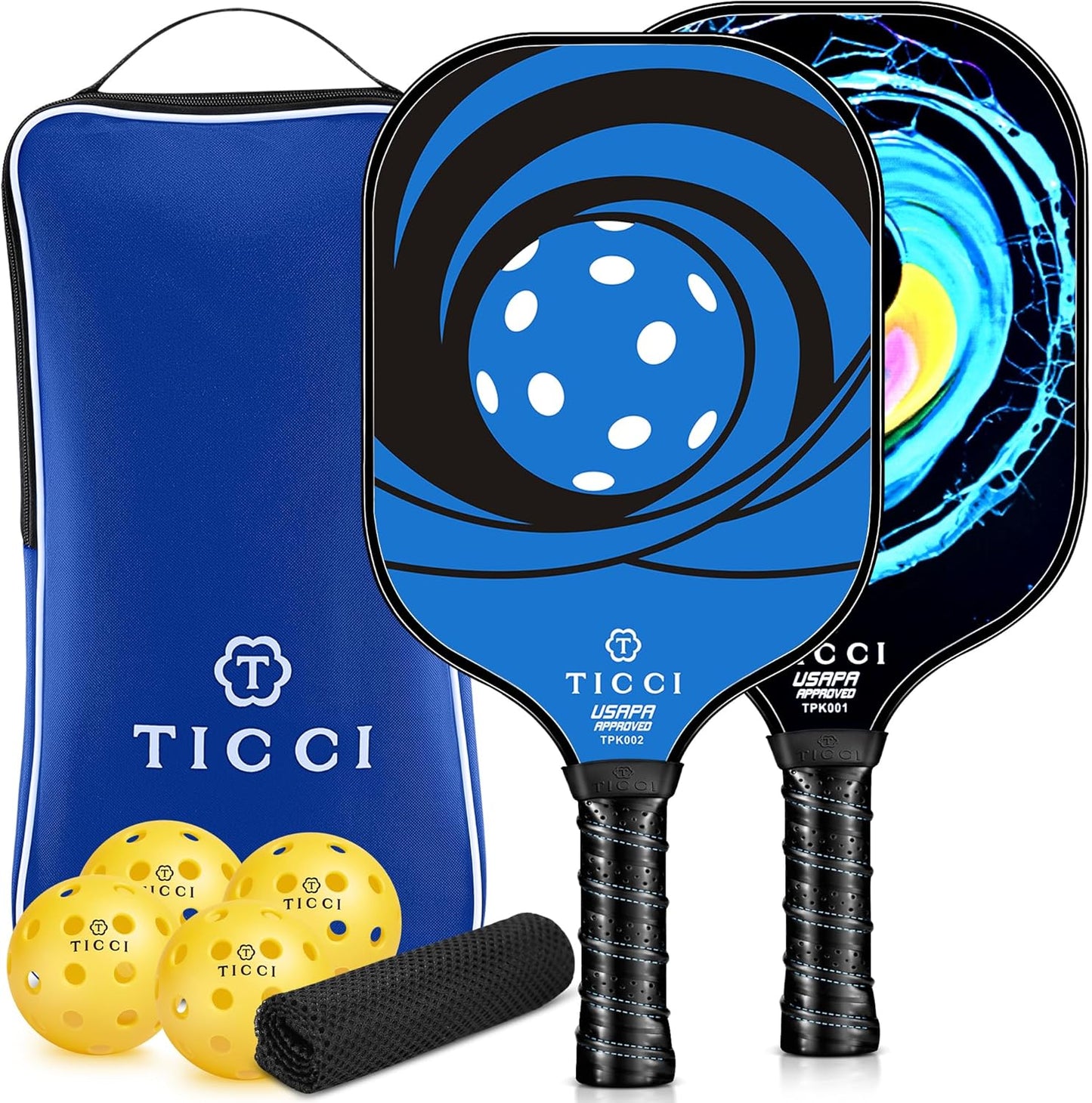 TICCI Pickleball Paddles, USAPA Approved Pickleball Paddles Set of 2, Lightweight Fiberglass Surface Pickleball Set, 4 Pickleballs, 1 Carry Bag & Mesh Bag, Pickle Ball Paddle Gifts for Men Women