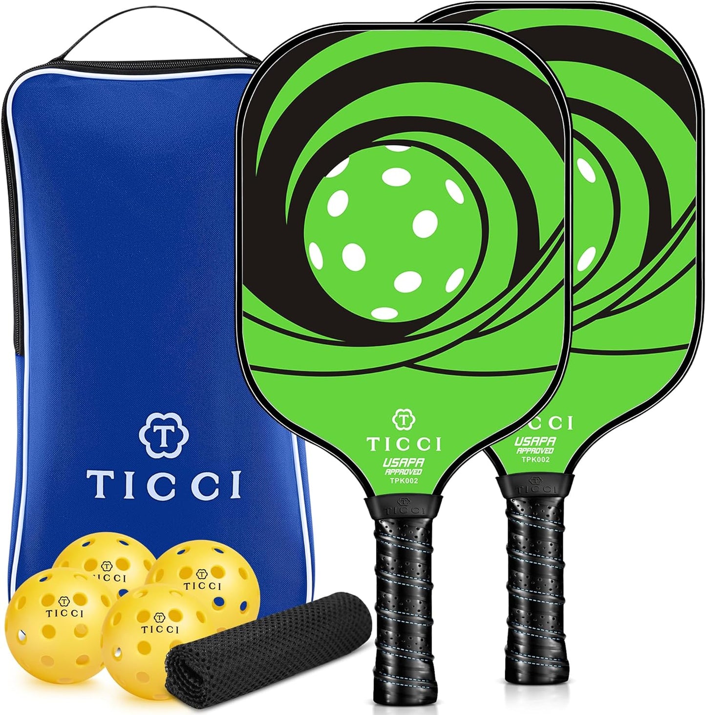 TICCI Pickleball Paddles, USAPA Approved Pickleball Paddles Set of 2, Lightweight Fiberglass Surface Pickleball Set, 4 Pickleballs, 1 Carry Bag & Mesh Bag, Pickle Ball Paddle Gifts for Men Women