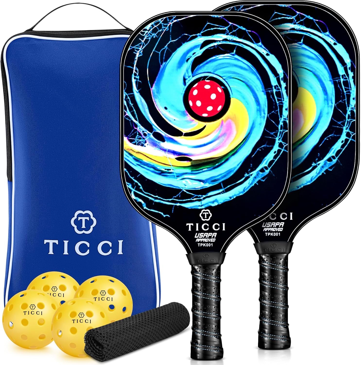 TICCI Pickleball Paddles, USAPA Approved Pickleball Paddles Set of 2, Lightweight Fiberglass Surface Pickleball Set, 4 Pickleballs, 1 Carry Bag & Mesh Bag, Pickle Ball Paddle Gifts for Men Women