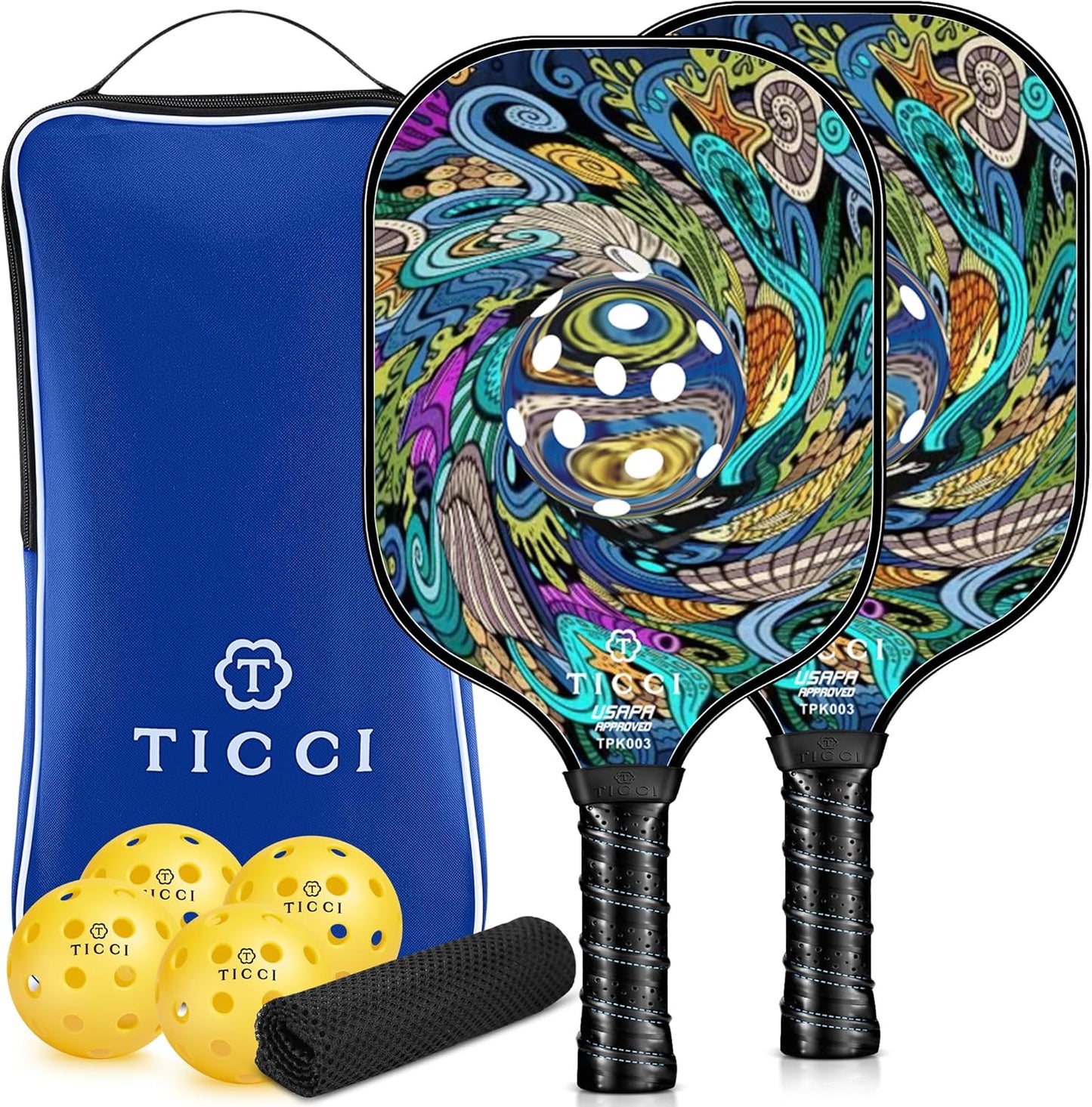 TICCI Pickleball Paddles, USAPA Approved Pickleball Paddles Set of 2, Lightweight Fiberglass Surface Pickleball Set, 4 Pickleballs, 1 Carry Bag & Mesh Bag, Pickle Ball Paddle Gifts for Men Women