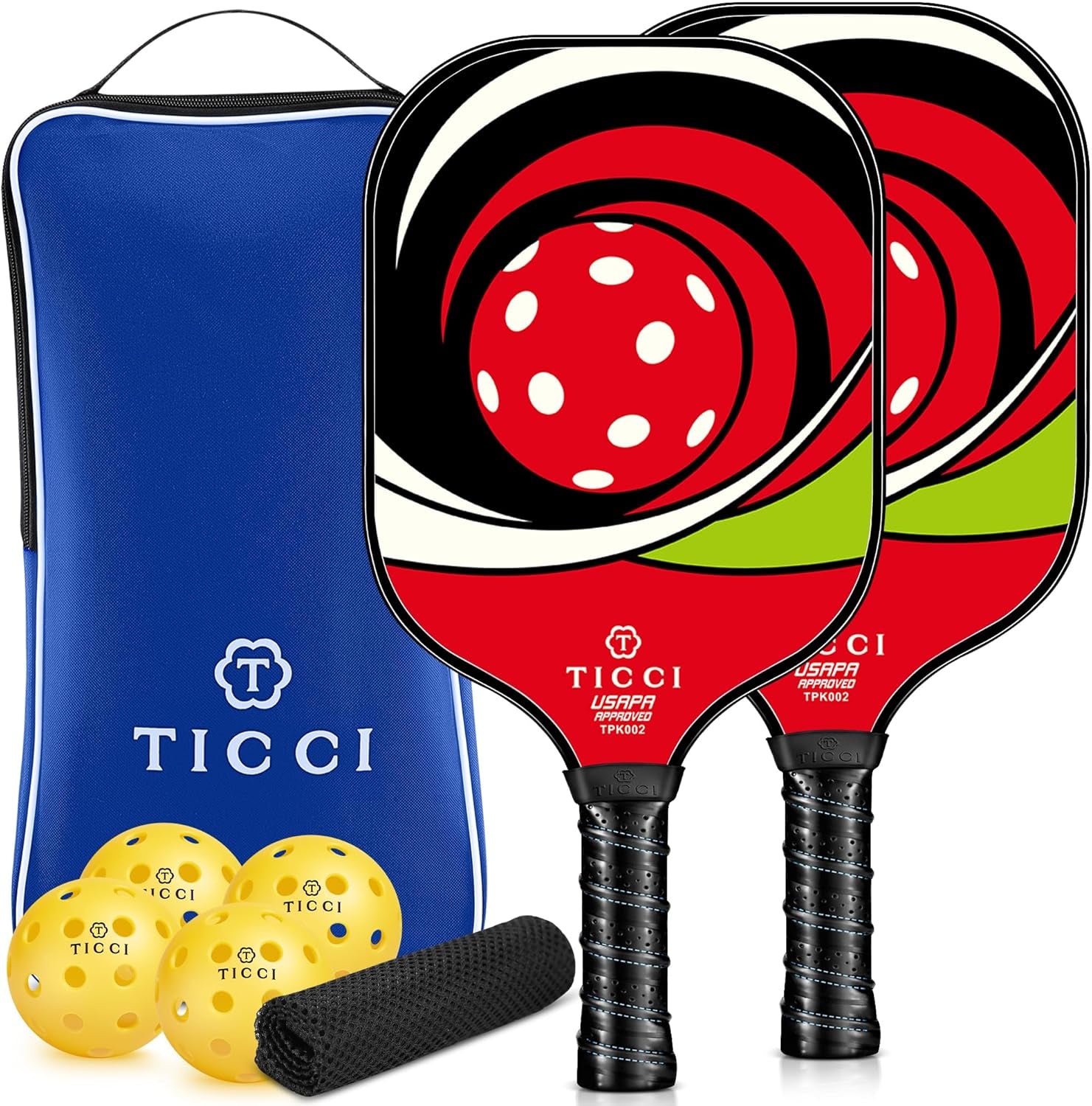 TICCI Pickleball Paddles, USAPA Approved Pickleball Paddles Set of 2, Lightweight Fiberglass Surface Pickleball Set, 4 Pickleballs, 1 Carry Bag & Mesh Bag, Pickle Ball Paddle Gifts for Men Women