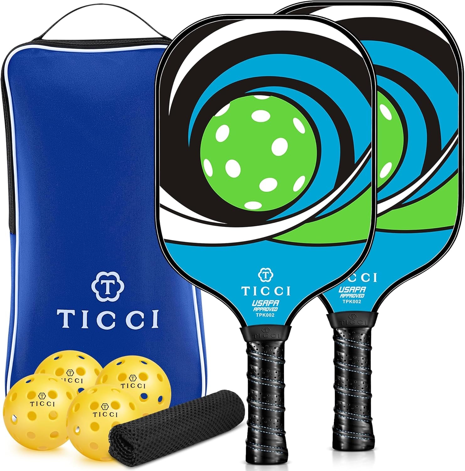 TICCI Pickleball Paddles, USAPA Approved Pickleball Paddles Set of 2, Lightweight Fiberglass Surface Pickleball Set, 4 Pickleballs, 1 Carry Bag & Mesh Bag, Pickle Ball Paddle Gifts for Men Women